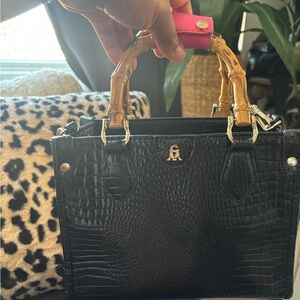 Black Croc-Embossed Handbag with Bamboo Pink Detail Handles